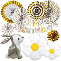 誕生日 飾り付け バースデー バルーン パーティー 動物風船 ウサギ デイジーフラワー 花 お祝い ナチュラル風 記念日 子ども ペーパーファン ガーランド 室内装飾 デコレーション セット (ゴールド)