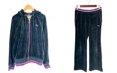 PUMA プーマ セットアップ パーカー フーディー パンツ ベロア ブラック ピンク Lサイズ Oサイズ