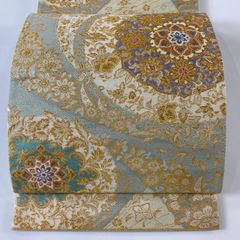 袋帯 美品 秀品 華文 花唐草 箔 金糸 灰緑 六通 正絹 【中古】