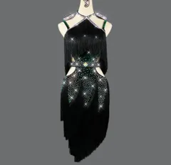 社交ダンス衣装　ラテンワンピースドレス　グリーン+ブラック オーダーメイド