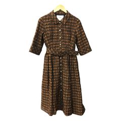 Rene ルネ TISSUE ワンピース レディース フレア 5分袖 チェック柄 ベルト付き しわ加工 ブラウン 36サイズ 6136077 中古 T1