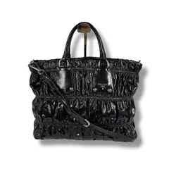 プラダ　PRADA パテントレザー　2WAY ショルダーバッグ　ハンドバッグ　ギャザー　ブラック　黒