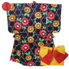 【中古】 浴衣 2点セット 作り帯 ポリエステル 綿 紺 マルチカラー 赤 黄色 バイカラー リボン かわいい 和装 呉服 和服 きもの