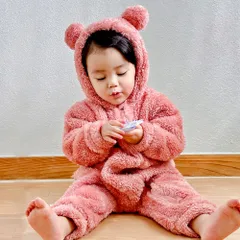 ふわもこ 着ぐるみ カバーオール もこもこ ジャンプスーツ ベビー 男の子 女の子 アウター 長袖 60 70 80 90 100[kumaca-pink]