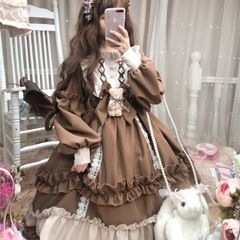 フリフリ　ゴスロリワンピース　可愛いクマちゃん人形付き♡ ブラウン　ブルー