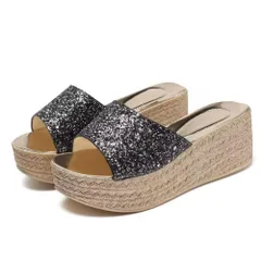 [ALVEIN] 厚底サンダル ウェッジソール キラキラ ラメ スパンコール 歩きやすい 小さいサイズ 疲れにくい サンダル かわいい ゴールド シルバー (ブラック, 23.5 cm) [ブラック] [23.5 cm]