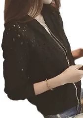 1/2style ニブンノイチスタイル ブルゾン カーディガン 透け感 レース ショート 丈 トップス レディース XXL 黒( ブラック,  2XL)