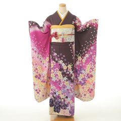 美品 正絹 振袖3点セット 桜菊文様 黒地紫ぼかし 裄69 高身長 成人式 
