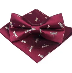 蝶ネクタイ ポケットチーフ 2点セット 結婚式　発表会 パーティー イベント ダンスパーティー バーテンダー 卒業式 入学式 入社式　ワインレッド色　ゴールド　ライトブルー色　トンボ柄　スーツ ワイシャツ 格安　ワンタッチ ネクタイ ハンカチ 2点 セット