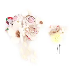 髪飾り 成人式 つまみ細工 振袖 前撮り 袴 花 2点セット 白 ゴールド ちりめん 下がり パールビーズ 玉飾り 組紐　和柄 大きい No.12-0412