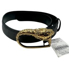 미품 태그 첨부 GUCCI 구찌 리얼 오스트리치 타이거 헤드 가죽 벨트 골드 G금구 블랙 블랙 레이디스