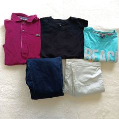 【コーデ売り】 ラコステ　ユニクロ　ジーユー　ガッチャ　オートクチュールシマロンパリ　Tシャツ　ポロシャツ　オーバーオール　サロペット　パンツ　ジーンズ　半袖　七分袖　黒　水色　紫　紺　白　ポケット付き　ビーチTシャツ　ワニ　良品　Mサイズ　セット売り