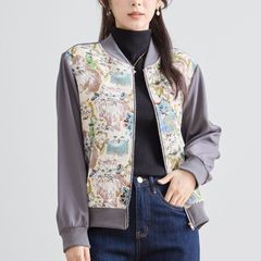 [TRUBE]【M〜L】キャット柄ゴブラン調切替ブルゾン(グレー)