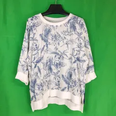 【未使用品】フラワープリント七分丈Tシャツ 花柄ロンT ボタニカル柄七分袖トップス F フリーサイズ ホワイト 白 ネイビー 紺 コットン 綿 レディース