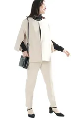 Color:ベージュ / 77000049_Size:L [MORE AUNI] セレモニー パンツ スーツ レディース 袖スリット セットアップ ストレートパンツ フォーマル ジャケット ママ 入卒 77000049 (BEG L)