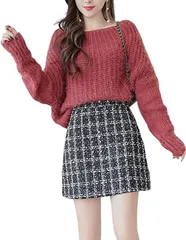 ツイード スカート ミニスカート Aライン 台形 ペンシル チェック柄 韓国 ファッション ハイウエスト 2カラー SKIRT ミニ 丈 タイト ひざ丈 膝丈 カジュアル シンプル 厚手 無地 秋 冬 美脚 足長 効果 [ブラック M] [Free Size]