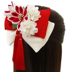 髪飾り リボン 卒業式 袴 成人式 赤 振袖 白 緑 ゴールド 房つき 組紐 かんざし ちりめん 和柄 古典 和装 着物 No.9-4021