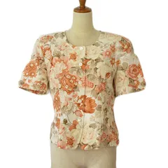 アクアスキュータム AQUASCUTUM ヴィンテージ レトロ ブラウス ノーカラー 花柄 半袖 アイボリー オレンジ