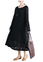Size:M_Color:ブラック [リリー ショコラ] レースワンピース ロング 春服 レディース ゆったり ゆったりワンピース 20代 ワンピース ルームウェア ワンピ 春 長そで ながそで ロングワンピース きれいめ おしゃれ 上品 オフィス かわいい