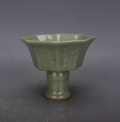 龍泉窯 梅子青釉刻八仙図高足杯 景徳鎮 現代工芸品 美術品 装飾品 置物