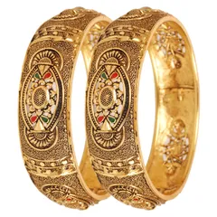 【数量限定】金色バングルコレクション伝統的な細かいエンボス加工作業厚いインドボリウッドデザイナージュエリー金属加太バングルブレスレット。レデイーズ用金緊張2セット [Touchstone]