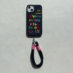 iPhoneケース 刺繍デニム カラフル英字 ストラップ付 iPhone12 Pro Max / 13 / 14 ケース（女性向け）