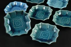 珉平焼　小皿4枚セット② 淡路 珉平焼 民平焼 十二画幾何学模様青交趾豆皿 小皿 4枚セット