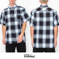 VICTORIOUS LA PLAID SHIRTS【BLUE】 (M・L・XL)(西海岸 ウェッサイ チカーノ オンブレ オンブレチェック チェックシャツ プレイドシャツ オープンシャツ ボタンシャツ 半袖 ショートスリーブ )
