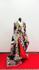 used　正絹　色打掛　黒織八重牡丹に白鶴蝶　八重重ね　結婚式　和装　花嫁様　保管箱付