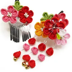七五三 髪飾り 三歳 七歳 日本髪 つまみ細工 赤 花 2個セット ピンク オレンジ パッチン留め かんざし ちりめん ビラ お正月 No.9-4119