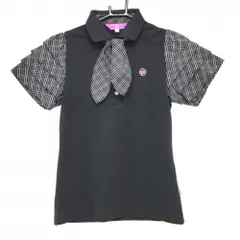 【超美品】ビバハート 半袖ポロシャツ 黒×白 袖・襟付属品チェック 袖フリル レディース 40(M) ゴルフウェア VIVA HEART