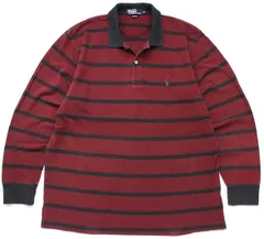 90s ポロ ラルフローレン ボーダー コットン 鹿の子 長袖ポロシャツ 赤×黒 XL★オールド ロゴ刺繍 オーバーサイズ ビッグサイズ