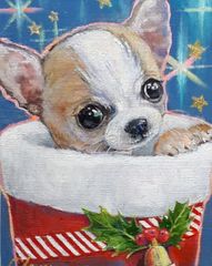 『　サンタブーツの天使　』　油絵　油彩画　犬　クリスマス　手描き