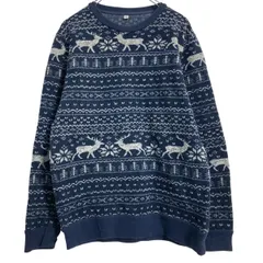 ニット セーター M ネイビー ノルディック トナカイ 裏起毛 古着卸 アメリカ仕入 a612-6246