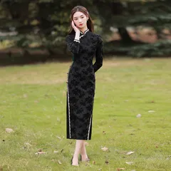 ブラック ベルベット 長袖 チャイナドレス タイト ロング ワンピ
