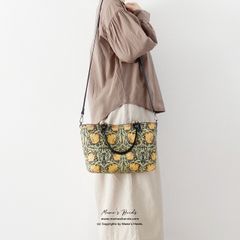 おしゃれな 2way ウィリアム モリス ピンパーネル 黒 x オレンジ 花柄 小柄 革 トート 手提げ 斜めがけ ショルダー バック