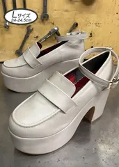 ☆新品未使用☆ 激安 Lサイズ 24cm-24.5cm ヨースケ YOSUKE 厚底パンプス レディース アイボリー ローファーパンプス 厚底ローファー アンクルストラップ 約11cmヒール MY636-445