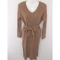 ◇ ◎ SAISON DE PAPILLON セゾンドパピヨン リブ 長袖 膝下丈 ニット ワンピース サイズL ブラウン レディース  【1203140002401】