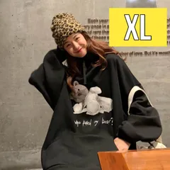 パーカー くま プリント ビッグシルエット トップス プルオーバー 人気 トレンド ストリート 渋谷 原宿系 くまちゃん べあ ビッグシルエット マタニティ ユニセックス  メンズ レディース 黒 ブラック XL