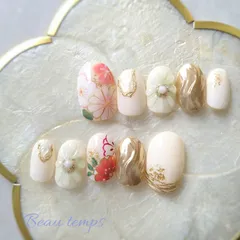 和柄ネイル 成人式 袴 前撮り 白 ホワイト フラワー ♡ネイルチップ233