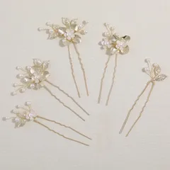 【人気商品】木の葉モチーフ 花 パールヘアピン 5本セット Uピン ヘアアクセサリー ヘッドドレス ウェディング 結婚式 お呼ばれ 髪飾り 披露宴 卒業式 発表会 和装用 Famihot 手作り髪飾り 合金製 (02)