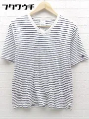 ◇ Champion チャンピオン ボーダー 半袖 Vネック Tシャツ カットソー サイズM ホワイト ブラック系 メンズ 【中古】 【1002801122713】