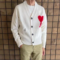 ★2024秋冬入荷★ AMI PARIS アミ パリス BFUKC002 Vネック カーディガン ローゲージニット ハートロゴ刺繍 長袖  ホワイト  メンズ