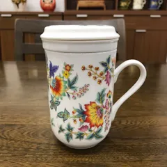 台湾茶器 茶こし付きマイカップ 吉祥花(白磁)