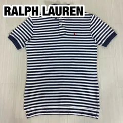 POLO BY RALPH LAUREN ポロバイラルフローレン 半袖ポロシャツ ラガーシャツ S ボーダー ネイビー× ホワイト ロングテール 鹿の子生地 着丈75cm 肩幅45cm 身幅(脇下)51cm 袖丈23cm【古着】
