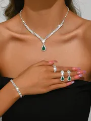 ジュエリー レディース セット 3点セット シルバーメタルクリスタルネックレス、ピアス&ブレスレットジュエリーセット、ウェディングブライダルアクセサリー