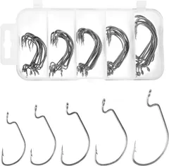 【数量限定】1# 1/0# 2# 収納用ケース付き 釣具 海釣り・淡水釣り・渓流釣り ロックフィッシュ用 2/0# 太軸 高靭性 フック 釣り用フックセット 3/0# 釣り針 オフセットフック 50本 VIPMOON