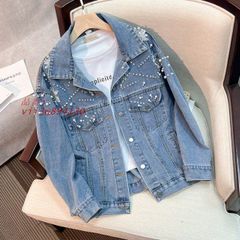 デニムジャケット レディース アウター 春 秋 デニム レース刺繍 3L ゆったり 大きいサイズ ファッション 花柄 長袖 ジャケット パール 韓国  xzdsqcf