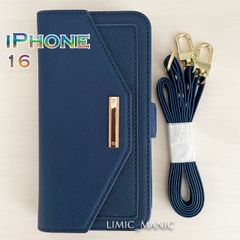 iPhone 16 ケース スマホ 手帳型 ショルダー 肩掛け ミラー付き ネイビーブルー 紺 紺色 お財布 カード収納