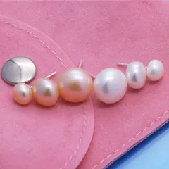 【パールピアス 幅6mm 色:ペールオレンジ】[Adelina Style] パール ピアス レディース 人気 淡水 真珠 パールピアス 1ペア シルバー925純銀 スタッドピアス 金属アレルギー対応 (タイプB/幅6mm/ペールオレンジ)